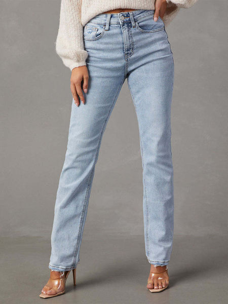 Image of Pantaloni classici da donna a vita alta con cerniera jeans classici in azzurro cielo