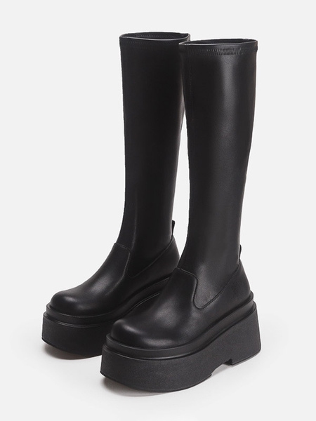 Image of Stivali neri con tacco medio Stivali da donna con punta tonda flatform