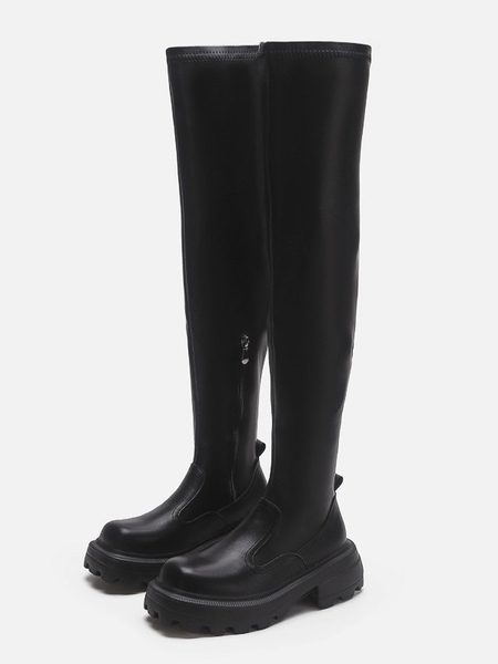 Image of Stivali alti al ginocchio neri Stivali piatti da donna con punta tonda