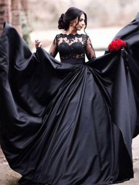 Image of Abiti da Sposa Neri in raso elastico  imitazione seta  maniche lunghe con scollo a cuore Abito da sposa nero gotico