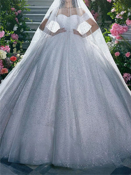Image of Abito da sposa in pizzo con strascico Principessa silhouette maniche corte tulle abiti da sposa senza spalline