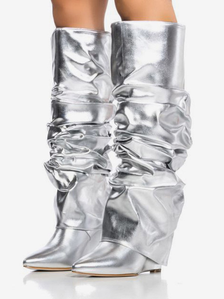 Image of Stivali alti al ginocchio metallizzati Stivali a punta argentati ripiegati con zeppa e tacco a zeppa