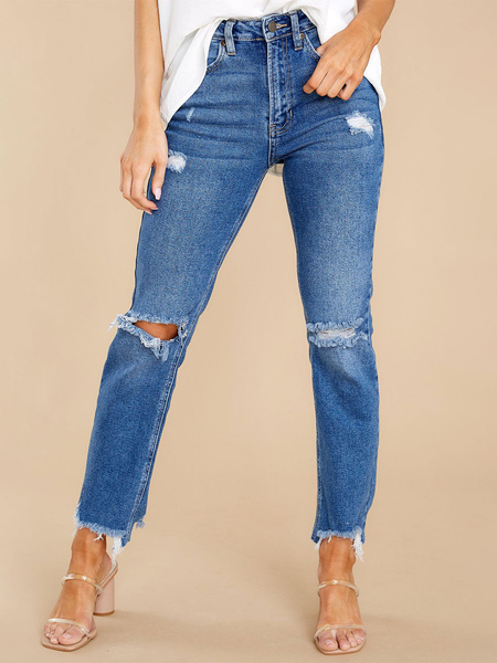 Image of Pantaloni da donna con jeans effetto invecchiato vestibilità affusolata nappe chiusura con cerniera