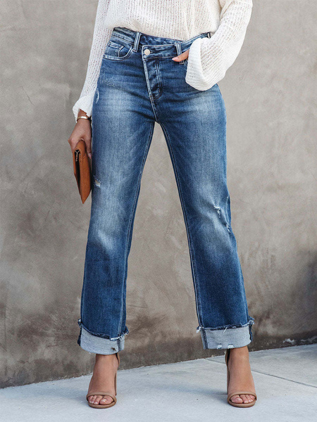 Image of Jeans a gamba larga con cerniera a vita alta fondo asimmetrico da donna