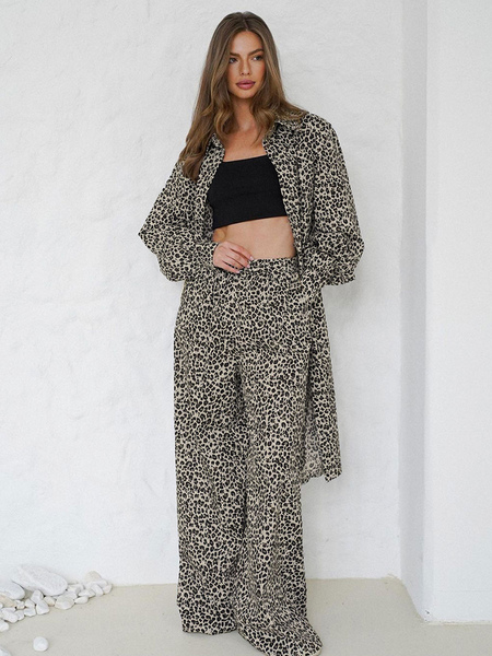 ensemble vêtements à domicile léopard pyjama col rabattu manches longues
