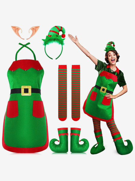 Image of Set natalizio da donna Copricapo in fibra di poliestere verde Calzini al ginocchio Grembiule Poliestere Bicolore Costumi natalizi