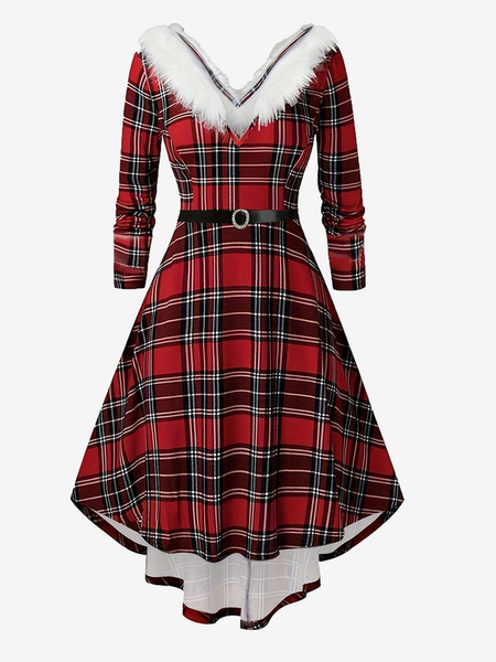 Image of Abito scozzese vintage con scollo a V e finiture in piume abiti alto-bassi con cintura
