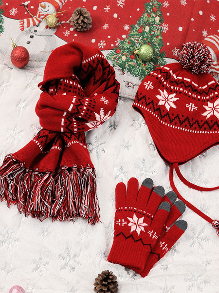 Image of Guanti con cappuccio sciarpa regalo di Natale Set da 3 pezzi in rosso
