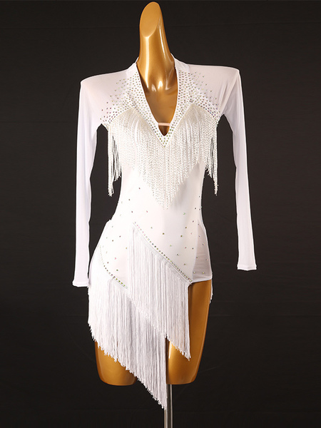 Image of Costume da ballo latino Abito da donna bianco Abito in lycra spandex Abbigliamento da ballo