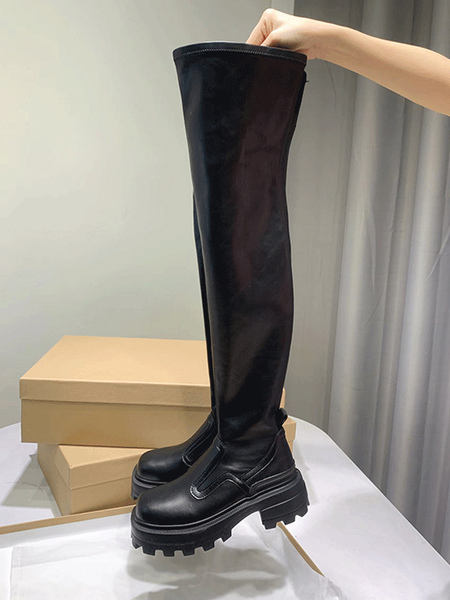 Image of Stivali sopra il ginocchio neri Stivali alti alla coscia con punta tonda e tacco grosso