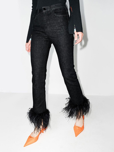 Image of Jeans skinny Pantaloni in denim con cerniera a vita alta con finiture in piuma