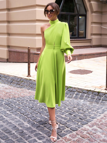 Party Dresses Green One Shoulder Buttons Long Sleeves Open Shoulder Semi Formal Dress