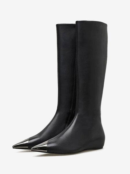 milanoo.com Knee High Boots Black Pointed Toe Flat Knee Length Boots For Woman