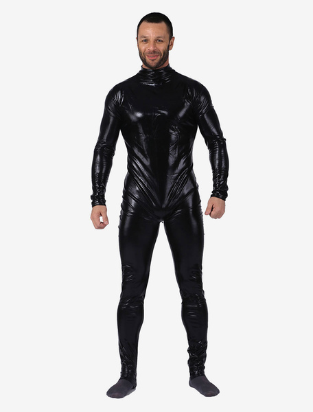 Image of Carnevale Abbigliamento metallizzato per adulti tinta unita nera tuta senza guanti e cappuccio in gomma per uomo Costume Halloween