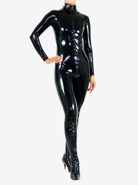 Image of Carnevale Costume di Halloween 2024 Catsuit Costume nero in PVC con cerniera frontale dal collo al cavallo Halloween
