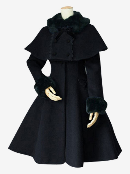 Image of Dolce Lolita Cappotto lana nera Turndown collo manica lunga Slim Fit Lolita staccabile del capo cappotto