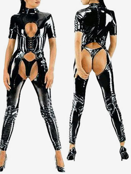 déguisements halloween catsuit sexy découpez costume gimp body noir en pvc noir