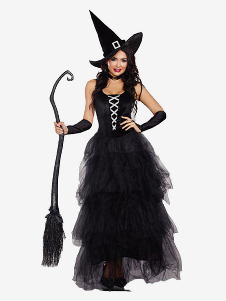 Image of Costumi da strega di Halloween per le donne Set completo di costumi per le feste del cappello del vestito lungo spaventoso in poliestere nero?