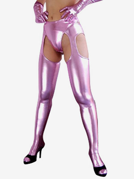 Image of Carnevale Calzamaglia skinny metallizzata lucida sexy rosa crotchless di Halloween