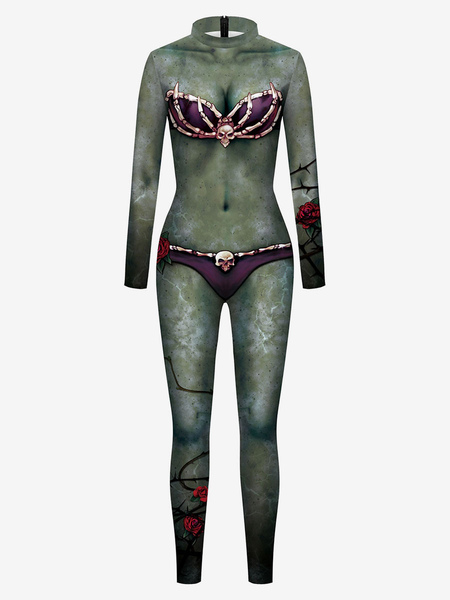 Image of Tuta di Halloween per le donne Dark Green Leotard Stampa Pattern scheletro Spaventoso Lycra Spandex Catsuit Zentai