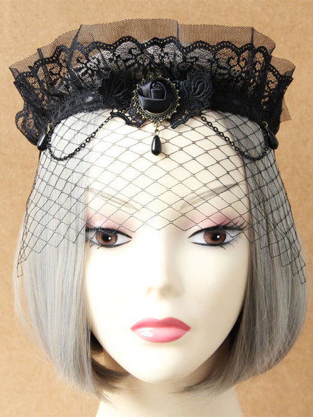 Image of Gothic Lolita Jewelry Lace Jewel Metallic Chain Black Lolita Headdress