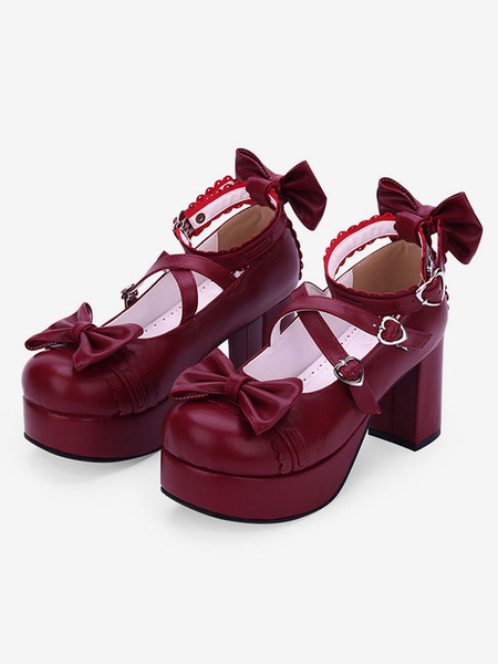 Image of Sweet Lolita Shoes Bow Strappy Platform Chunky Heel Burgundy Lolita Calzature