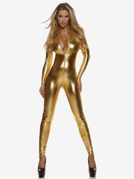 Image of Carnevale Tuta metallizzata per donna con taglio basso Zentai Gold Halloween