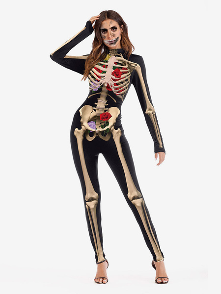 Image of Carnevale Tuta skinny a maniche lunghe con maniche lunghe da donna in scheletro di Costume Halloween