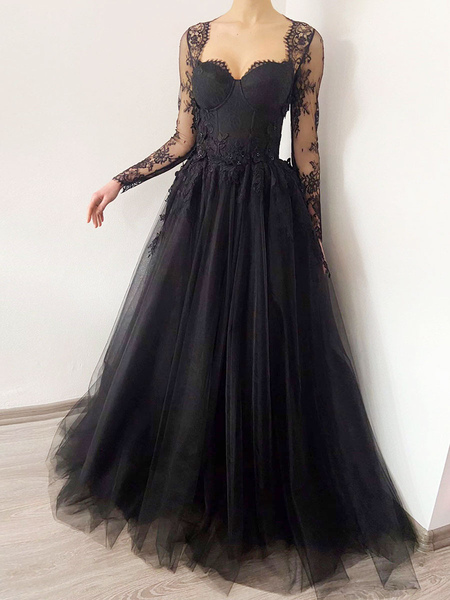milanoo.com Black Wedding Dresses Lace A-Line Long Sleeves Bridal Dress With Train