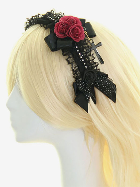 Image of Fiore nero archi pizzo Lolita sintetico capelli accessori