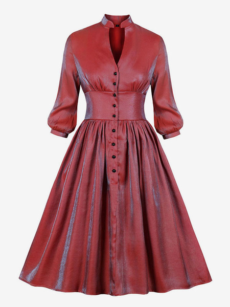 Image of Vestiti Anni 50 con sfumature Abiti donna maniche lunghe abiti anni 50 Rosso con scollo a V di poliestere media Primavera Autunno di retro'