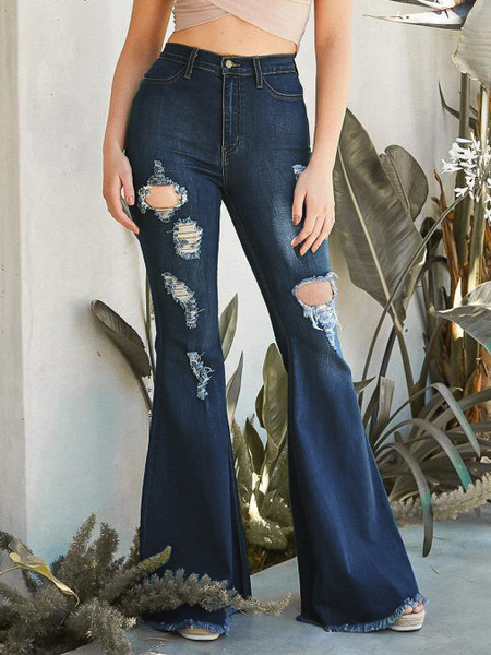 Image of Flare Jeans Raw Edge strappato vita alta pantaloni a campana per le donne 2024