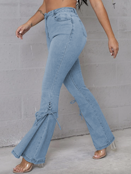 Image of Jeans a zampa per donna con lacci a vita media e pantaloni a campana 2024