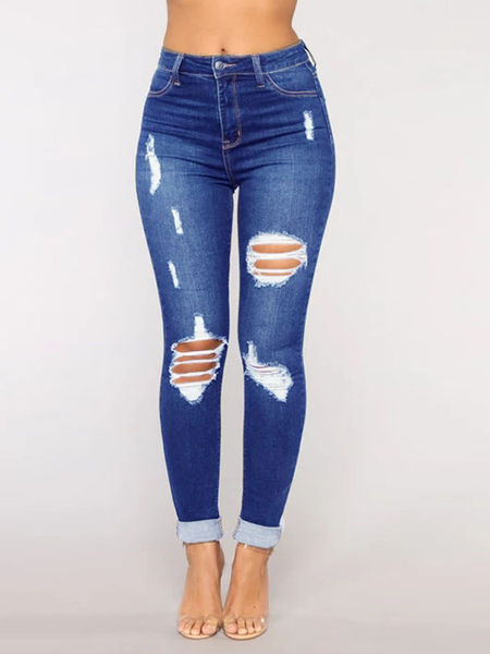 Image of Jeans strappati Pantaloni skinny in cotone casual a vita alta per donna