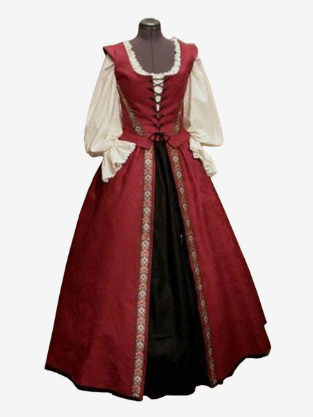 Image of Abito vintage medievale Abito da ballo con scollo a barchetta senza maniche con fiocchi a strati rossi