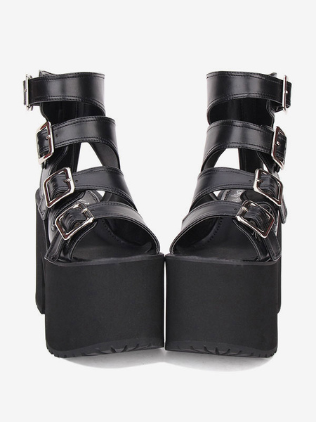 Image of Gothic Lolita Sandals Buckle Platform Chunky Heel Black Lolita Tacchi alti