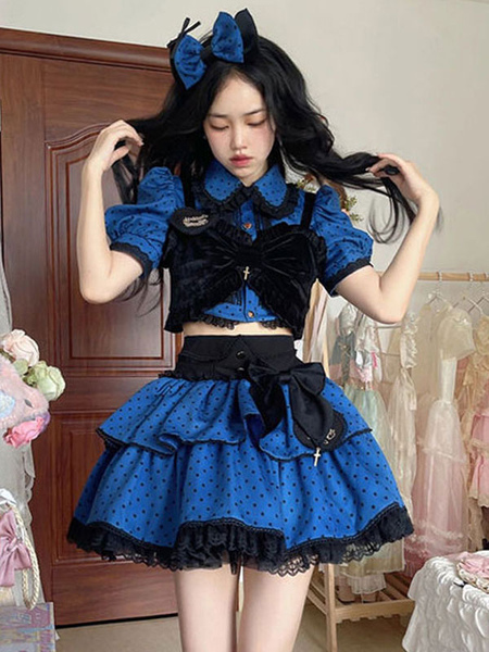Image of Idol clothes Lolita Outfits Blue Ruffles Polka Dot Top a maniche corte Gonna regolabile Elastico