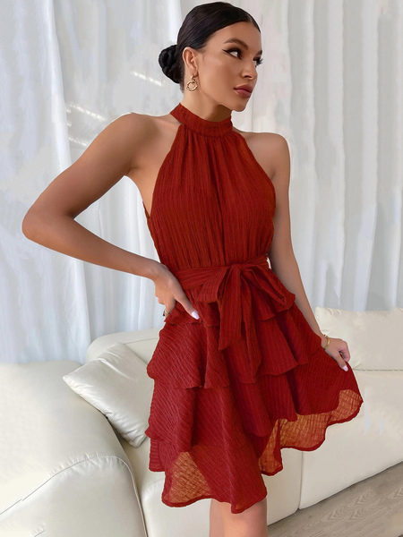 milanoo.com Skater Dresses Polyester Jewel Neck Red Sexy Sleeveless Flared Dress