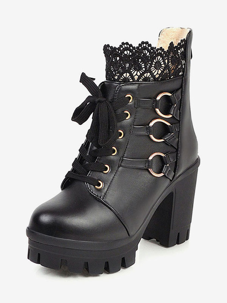 Image of Sweet Lolita Boots Black Lace Punta tonda in pelle con tacco grosso Calzature Lolita