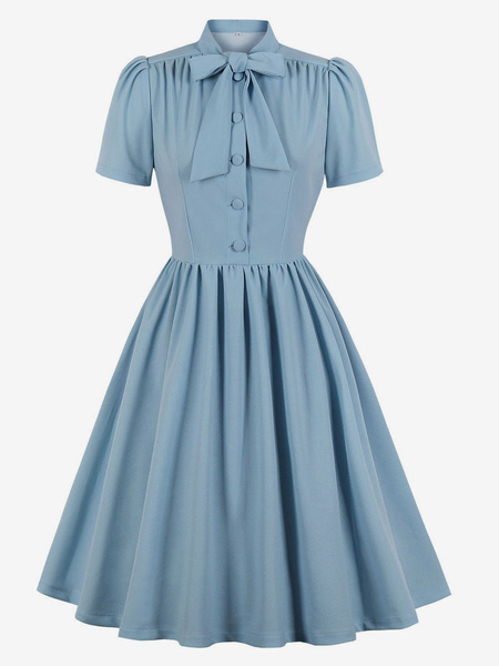 robe de vintage 1950s courte femme à col v avec noeud avec manches courtes amples coupe cintrée avec boutons bas evasée unicolore robe de rétro robe eté
