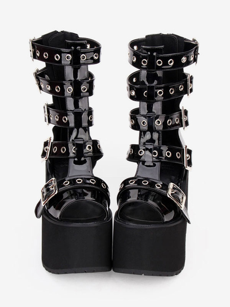 Image of Gothic Lolita Sandal Boots Grommet Metallic Buckle Platform Nero Lolita Calzature