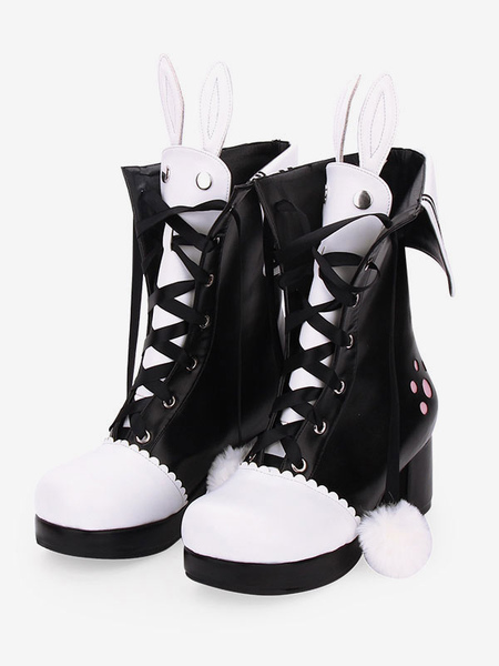 Image of Classic Lolita Boots Pom Pom Bunny Ear Two Tone Chunky Heel Lolita Shoes