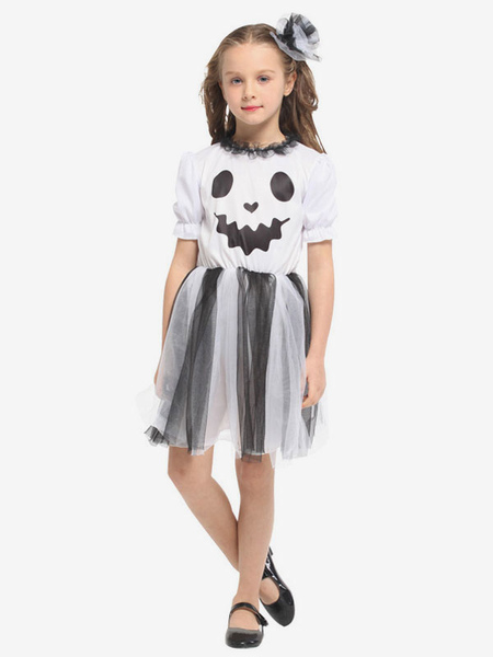 Image of Costumi da fantasma di Halloween per bambini Set completo completo di copricapo in fibra di poliestere bianco Copricapo vestito corto