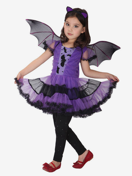 Image of Costume Halloween per Bambini Halloween Bat Costume Kids Purple Dress Outfit 3 pezzi Costume Carnevale Costume Halloween