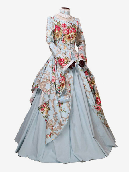 robe victorienne costume femme satin bleu ciel clair imprimé floral marie antoinette robe de bal manches longues vêtements costumes halloween
