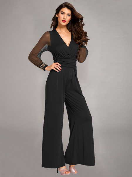 milanoo.com Black Jumpsuit V-Neck Long Sleeves Pleated Polyester Wide Summer Playsuit