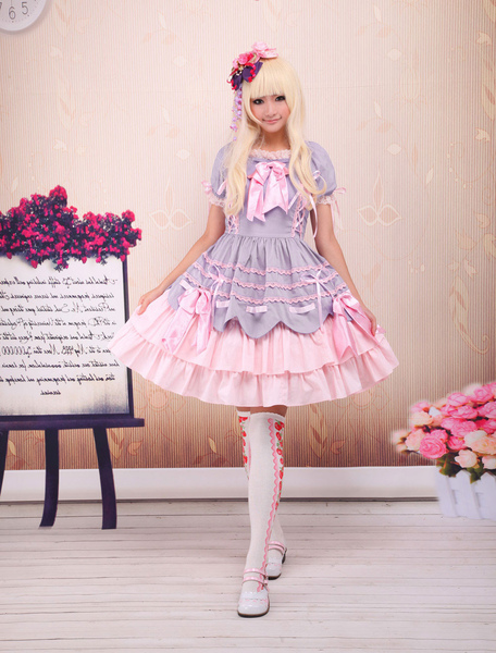 Image of Dolce Lolita rosa viola OP vestito corto maniche strati archi e Trim