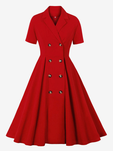 robe de vintage 1950s courte femme à col revers avec manches courtes coupe cintrée avec boutons bas evasée unicolore robe de rétro robe eté