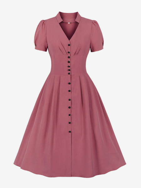 Image of Abito retrò anni &#39;50 stile Audrey Hepburn rosa donna abito a maniche corte con scollo a V