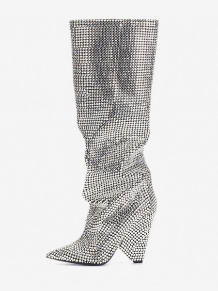Image of Stivali Slouch da donna Stivali alti al ginocchio con tacco a cono e strass eleganti